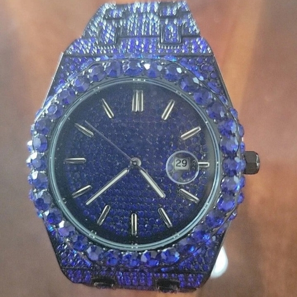 Mens Luxury Full Ice Electric BlueSimulated Diamond Hip Hop Bling Quartz Watch - Picture 11 of 12